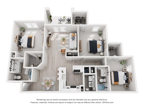 Floor plan for 3 beds, 2 baths, 1399 sqft